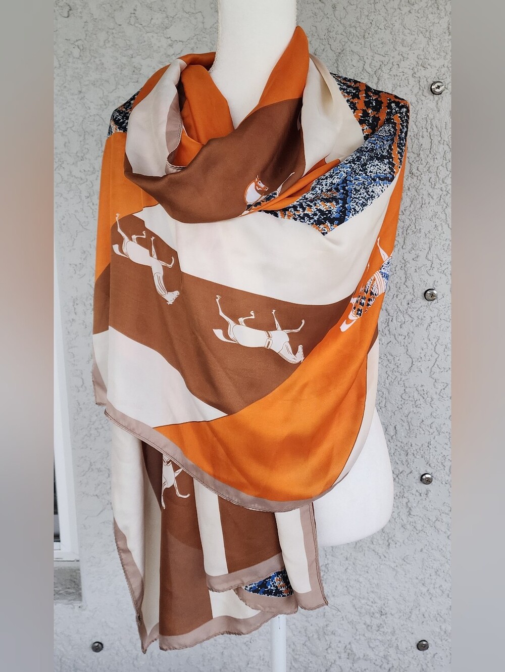 Silky Orange and Cream Fashion Wrap with Brown Trim - Picture 4 of 8